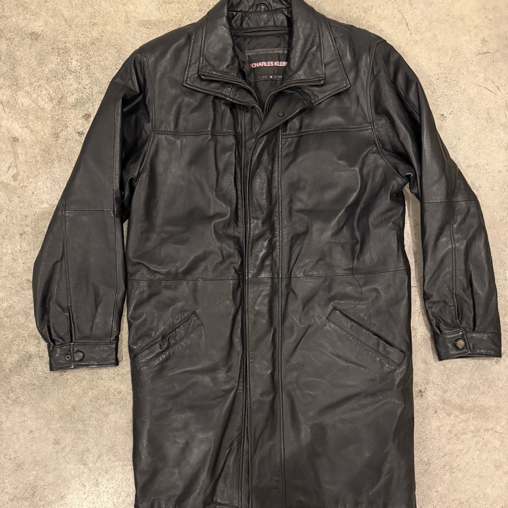 Charles Klein Medium Leather Trench Coat Long Overcoat Insulated Storm Dickie